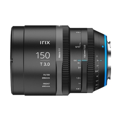 Objetiva fotográfica preta Irix 150 T3.0 macro com anéis de focagem e escala de abertura