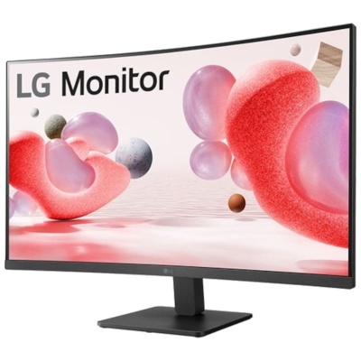 Monitor curvo LG preto com suporte retangular e imagem colorida com formas arredondadas
