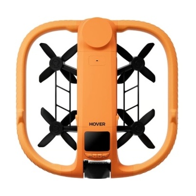 Drone quadrirrotor laranja com proteção circular ao redor das hélices pretas