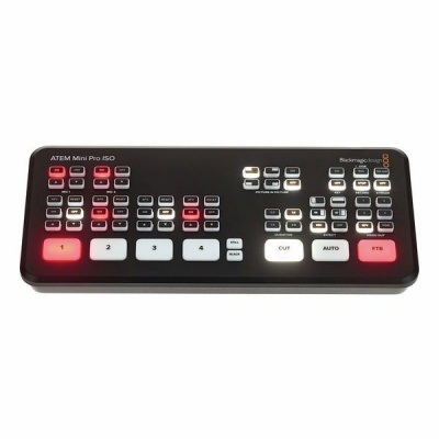 Mesa de mistura de vídeo Blackmagic Design ATEM Mini Pro ISO preta com botões iluminados