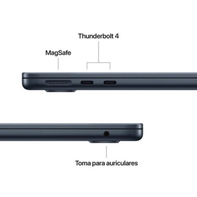 Lateral de portátil azul escuro com portas MagSafe, Thunderbolt 4 e tomada para auriculares