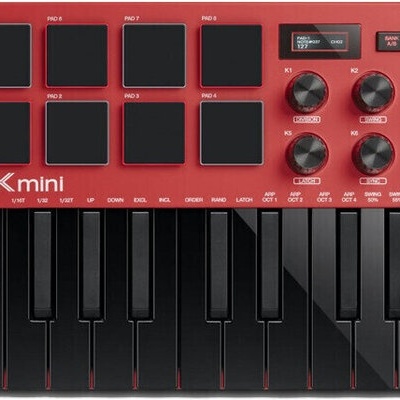 Controlador MIDI AKAI MPK mini vermelho com teclas e botões