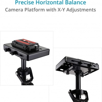 Plataforma de câmara com ajuste X-Y e texto explicativo em fundo branco