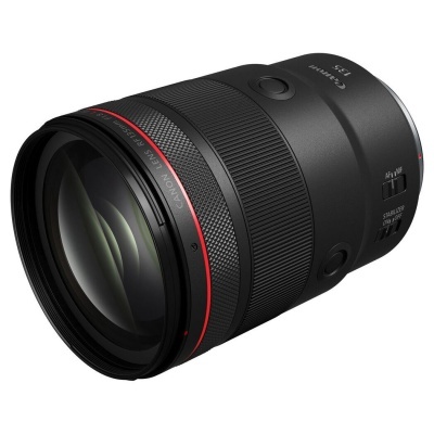 Objetiva Canon RF 85mm F1.2 L USM DS preta com anel vermelho e botões laterais