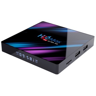 Leitor de média box H6S Max preto com design colorido e ecrã frontal mostrando horas