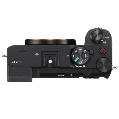 Vista superior da câmara digital Sony Alpha 7CR preta com mostrador de modos e botão de gravação