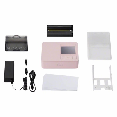 Acessórios para impressora portátil Canon, incluindo impressora rosa claro com ecrã digital, adaptador, cabos e suporte de papel