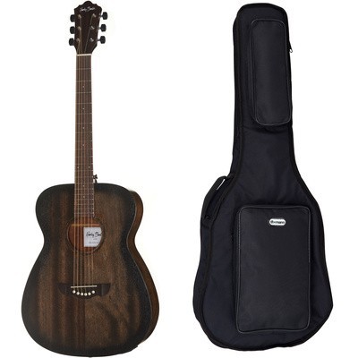 Guitarra acústica escura com saco protetor preto