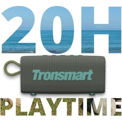 Coluna portátil Tronsmart cinzenta com texto 20H e PLAYTIME