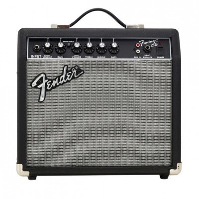 Amplificador Fender preto com painel de controlo e grelha cinza