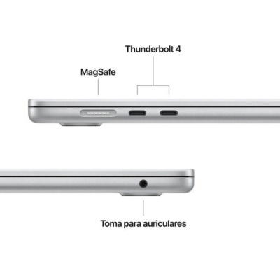 Portátil prateado com portas MagSafe, Thunderbolt 4 e tomada para auriculares