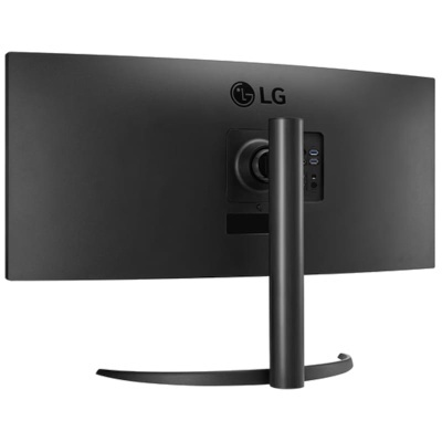 Monitor LG preto visto de trás com suporte e base curva