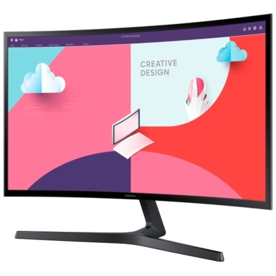 Monitor curvo Samsung com ecrã grande exibindo imagem colorida e texto 'CREATIVE DESIGN'