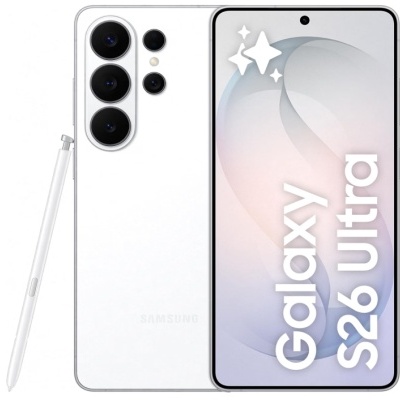 Smartphone Samsung Galaxy S26 Ultra branco com caneta e ecrã frontal