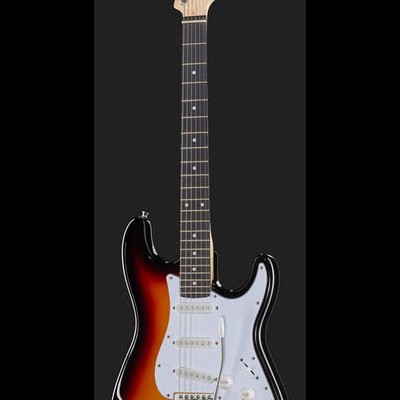 Guitarra elétrica sunburst com corpo em madeira, 6 cordas e captadores brancos