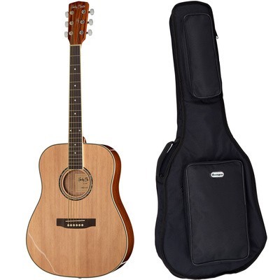 Guitarra acústica de madeira clara com capa preta ao lado