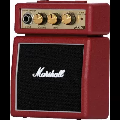 Amplificador de guitarra pequeno vermelho com botões dourados e grelha preta com marca Marshall