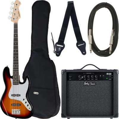 Conjunto guitarra bass sunburst com estojo, correia, cabo e amplificador Harley Benton
