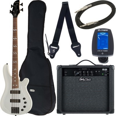 Kit de guitarra elétrica branca com amplificador, cabo, afinador, correia e capa preta