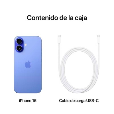iPhone 16 azul com duas câmaras e cabo USB-C branco