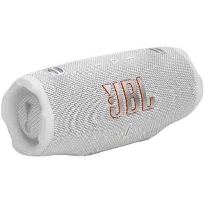 Coluna portátil JBL branca com textura em malha e logótipo laranja