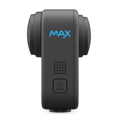 Câmara preta compacta com palavra MAX azul, botão mode, textura lisa