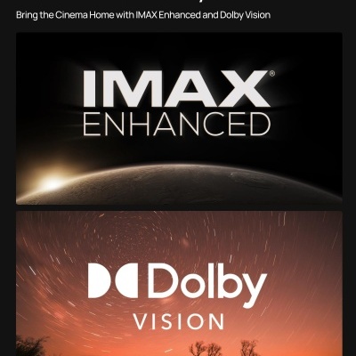Imagem com os textos IMAX Enhanced e Dolby VISION com fundos de planeta e céu estrelado ao pôr do sol.