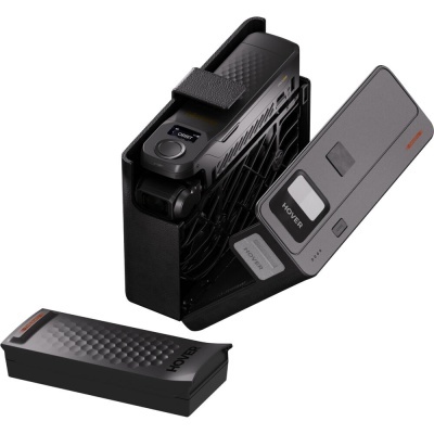 Conjunto de bateria e carregador pretos com texto HOVER