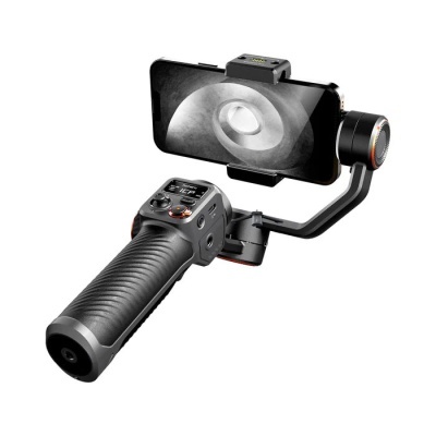 Gimbal eletrónico preto com punho e suporte para smartphone