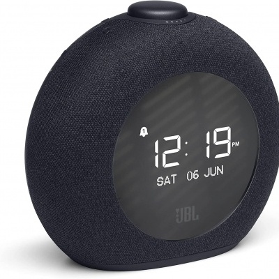 Despertador digital redondo preto da JBL com visor digital e botão no topo