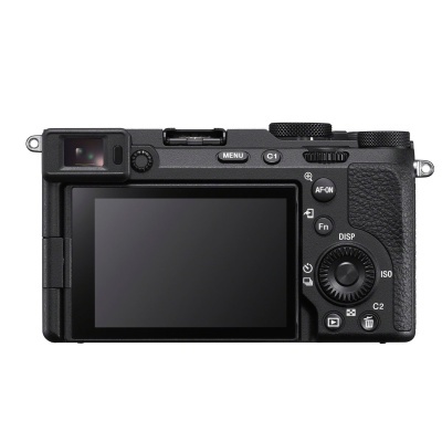 Câmara digital compacta preta vista de trás com ecrã LCD grande e botões funcionais