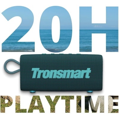 Caixa de som portátil azul Tronsmart com alça e texto promocional 20H PLAYTIME