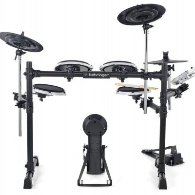 Bateria eletrónica preta Behringer com tambores, pratos e pedal