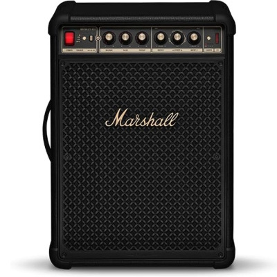 Coluna amplificadora Marshall preta com botões e logótipo