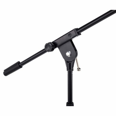 Suporte de microfone preto ajustável com acabamento metálico