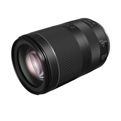 Objetiva fotográfica Canon RF 24-105mm f4-7.1 STM preta com anéis de ajuste e texto branco