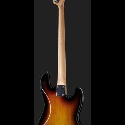 Guitarra elétrica sunburst vista de costas com braço claro e tarraxas cromadas