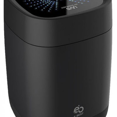 Dispositivo eletrônico preto compacto com superfície superior brilhante e padrão azul