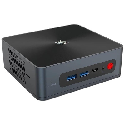 Mini computador preto com portas USB e botão vermelho