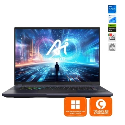 Computador portátil Gigabyte Ai com fundo digital e ícones técnicos ao lado
