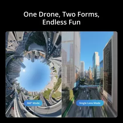 Comparação entre modo 360° e modo lente única de captura de drone sobre cidade com prédios e autoestradas.
