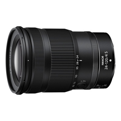 Objetiva fotográfica Nikkor 24-120mm f/4 S preta com texto branco e anéis de ajuste