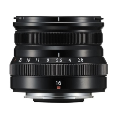 Objetiva fotográfica preta com indicadores de abertura e número 16