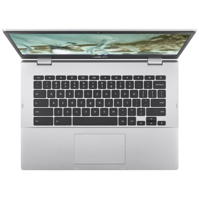 Portátil prateado aberto mostrando teclado preto e ecrã com imagem de paisagem aquática