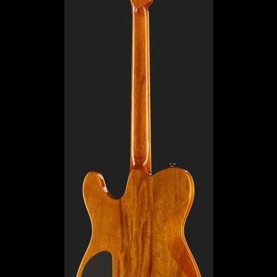 Guitarra elétrica de madeira castanha polida vista de costas