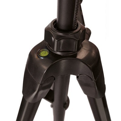 Tripé preto com nível de bolha verde e ajuste giratório