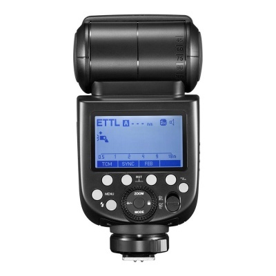 Flash de câmara fotográfica preto com visor LCD azul