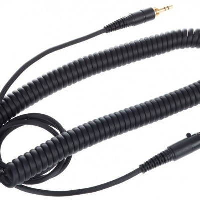 Cabo espiralado preto com conectores jack de 3,5 mm e pino