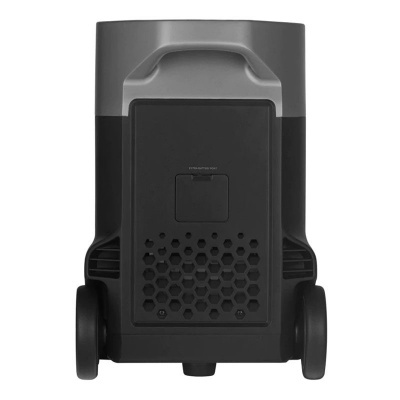 Dispositivo cinzento e preto com rodas e grelha hexagonal