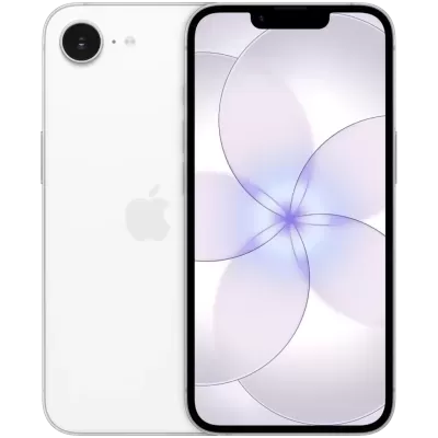 Smartphone branco Apple visto da frente e costa com ecrã ligado e padrão violeta